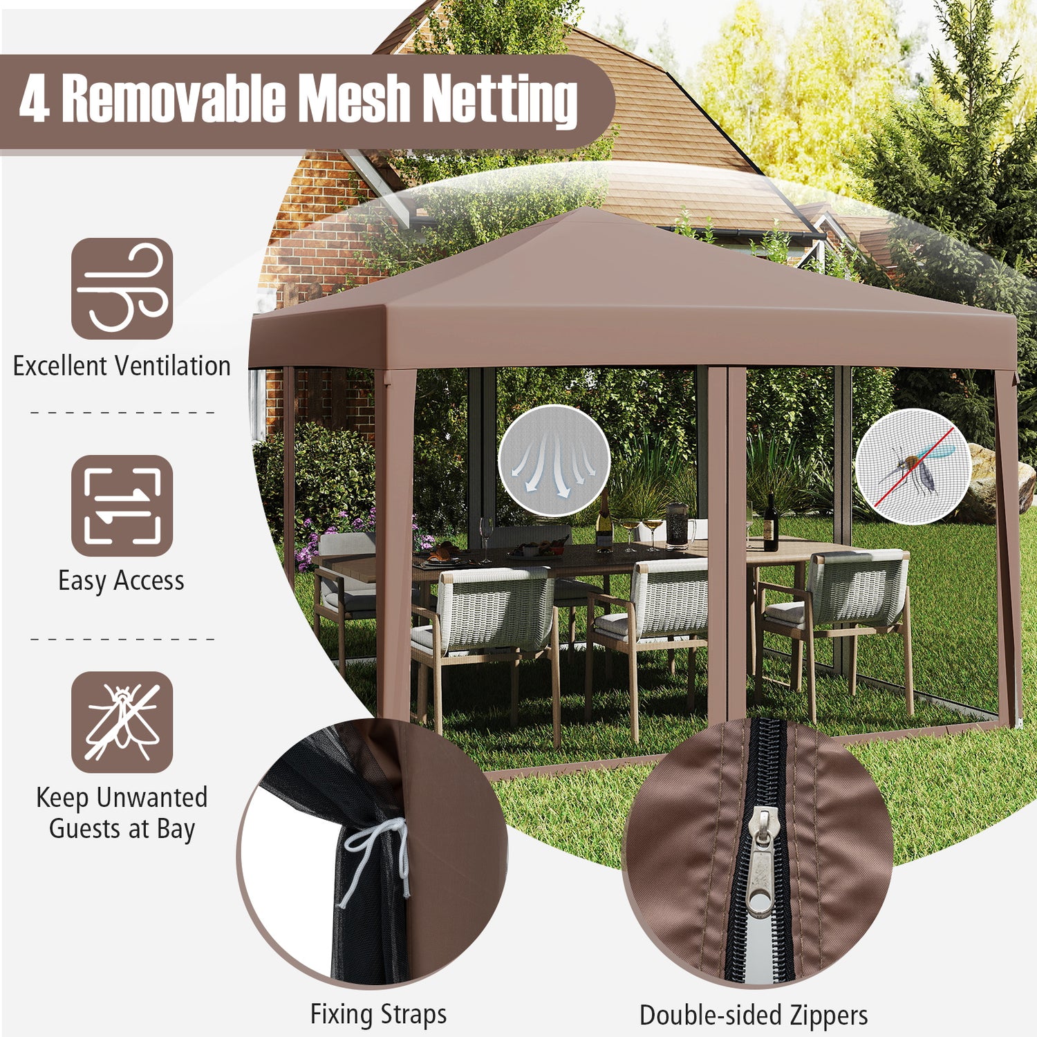 10 FT x 10 FT Pop-Up Canopy Tent Easy Setup Instant Folding Shelter with Mesh Netting-Coffee