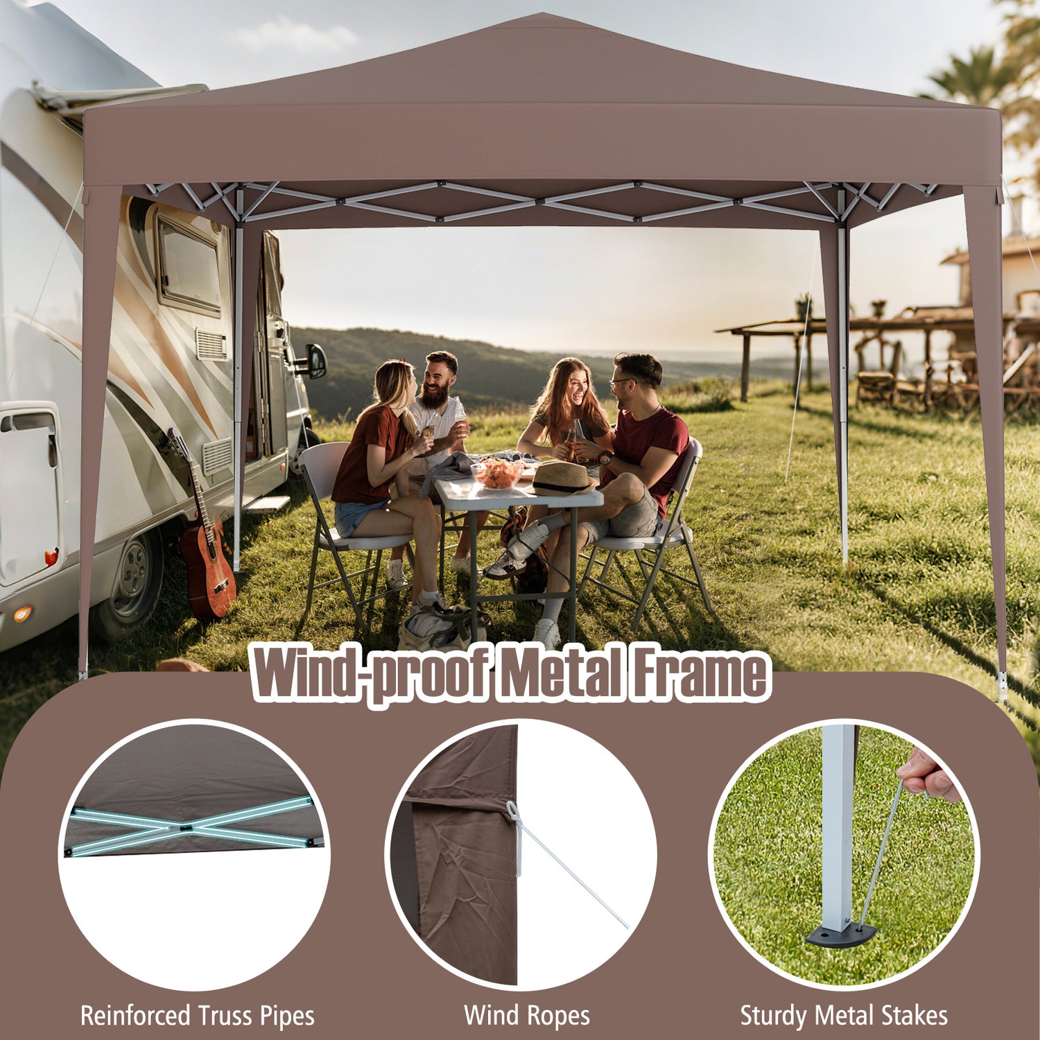 10 FT x 10 FT Pop-Up Canopy Tent Easy Setup Instant Folding Shelter with Mesh Netting-Coffee