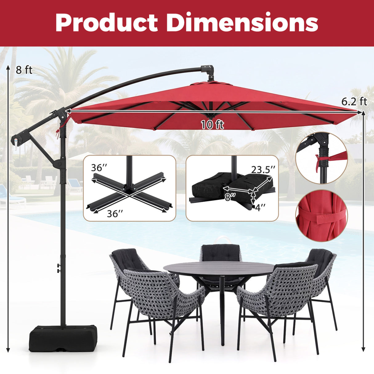 10 Feet Offset Hanging Umbrella with Base Patio Cantilever Umbrella with Tilt-Red