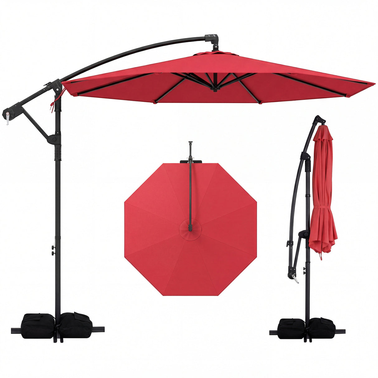 10 Feet Offset Hanging Umbrella with Base Patio Cantilever Umbrella with Tilt-Red