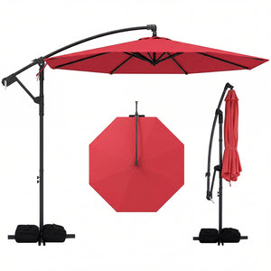 10 Feet Offset Hanging Umbrella with Base Patio Cantilever Umbrella with Tilt-Red
