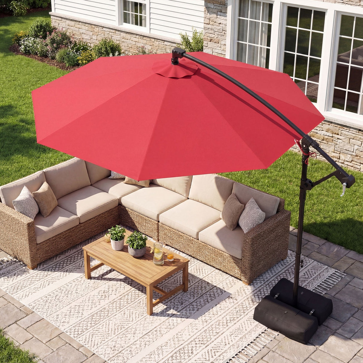10 Feet Offset Hanging Umbrella with Base Patio Cantilever Umbrella with Tilt-Red