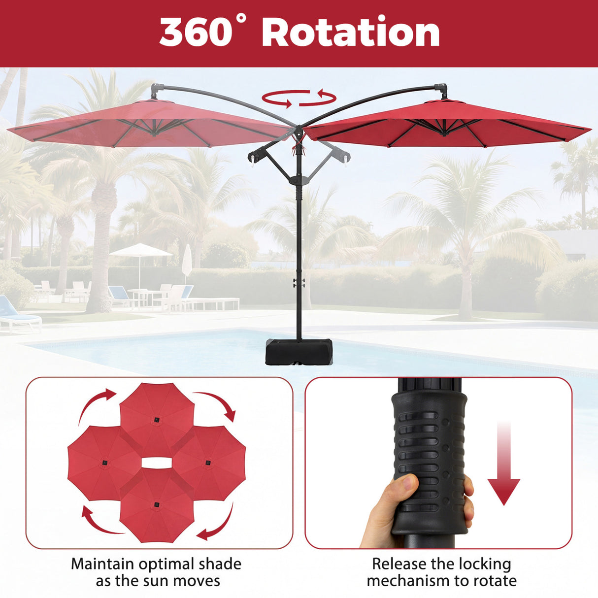 10 Feet Offset Hanging Umbrella with Base Patio Cantilever Umbrella with Tilt-Red