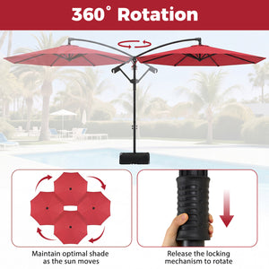 10 Feet Offset Hanging Umbrella with Base Patio Cantilever Umbrella with Tilt-Red