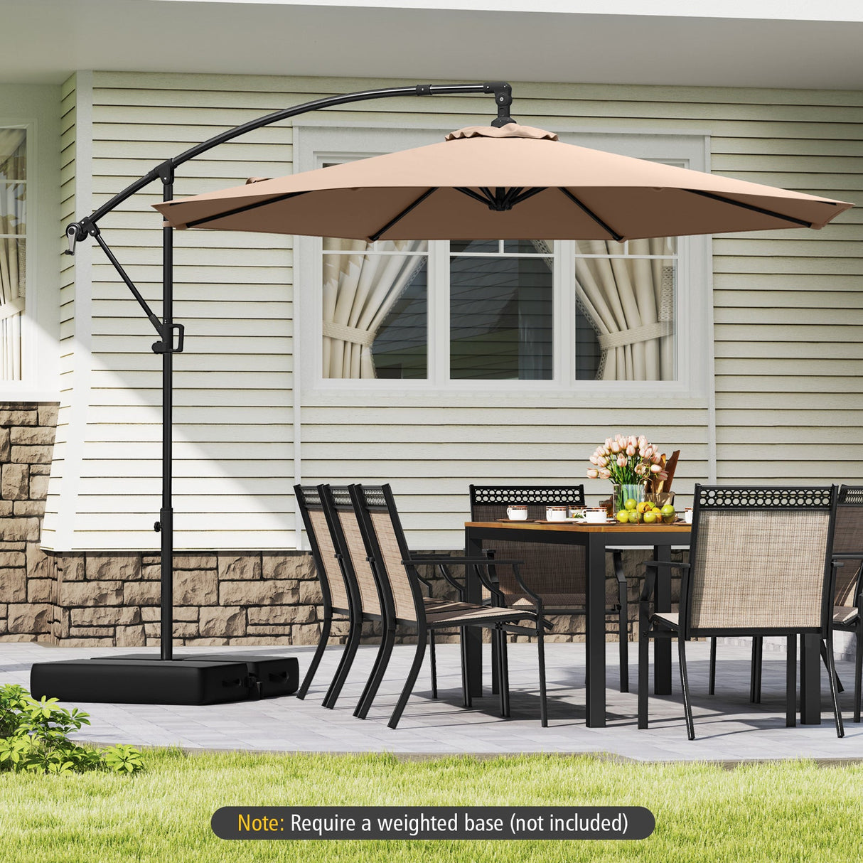 10 Feet Offset Hanging Umbrella with Base and Infinite Tilt-Coffee by DirectDeals