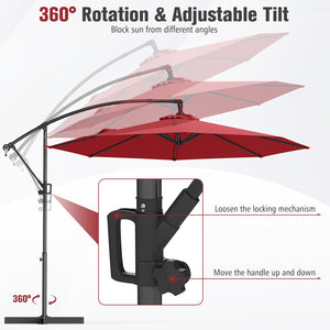 10 Feet Offset Hanging Umbrella with Base and Infinite Tilt-Wine by DirectDeals