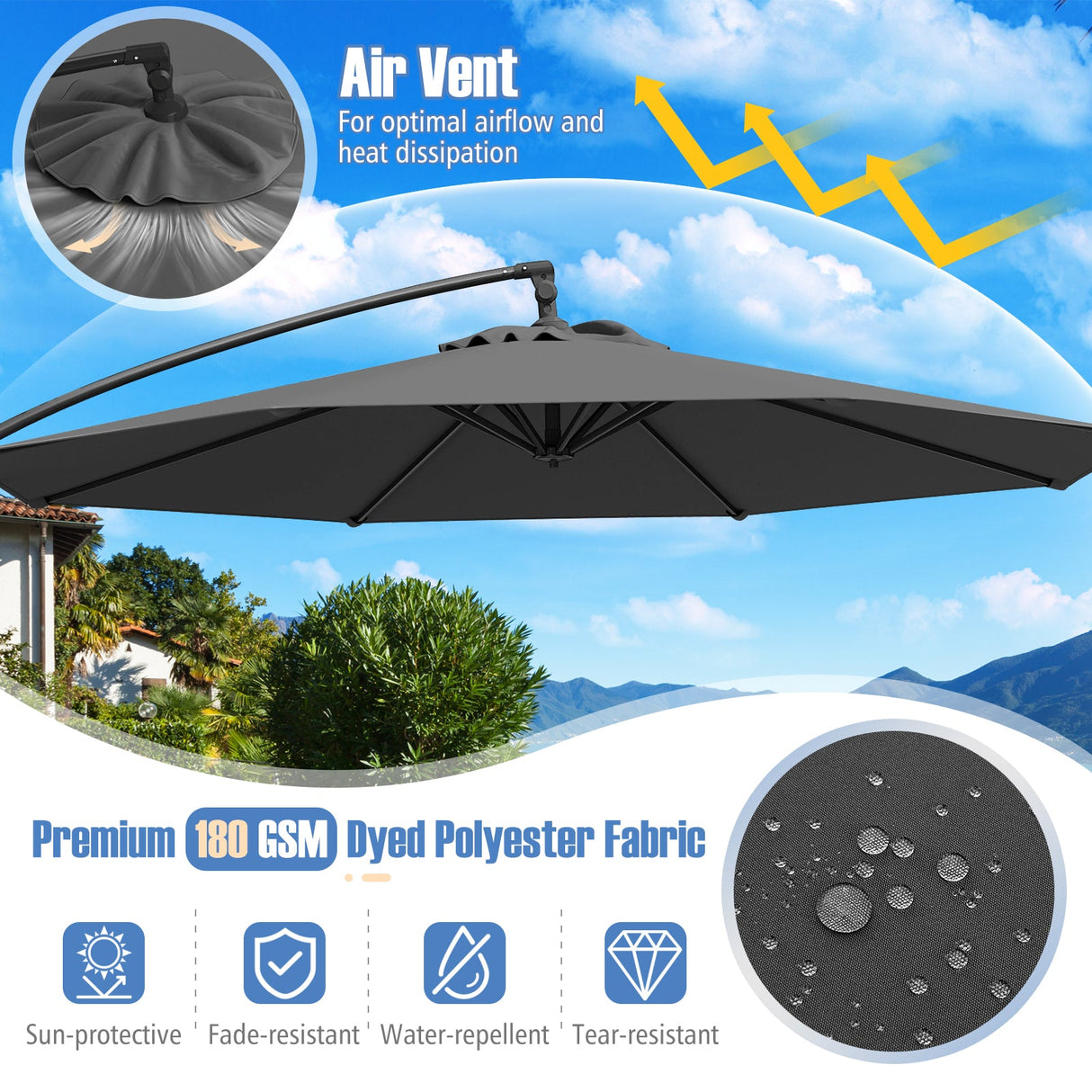 10 Feet Offset Hanging Umbrella with Base Patio Cantilever Umbrella with Tilt-Gray by DirectDeals