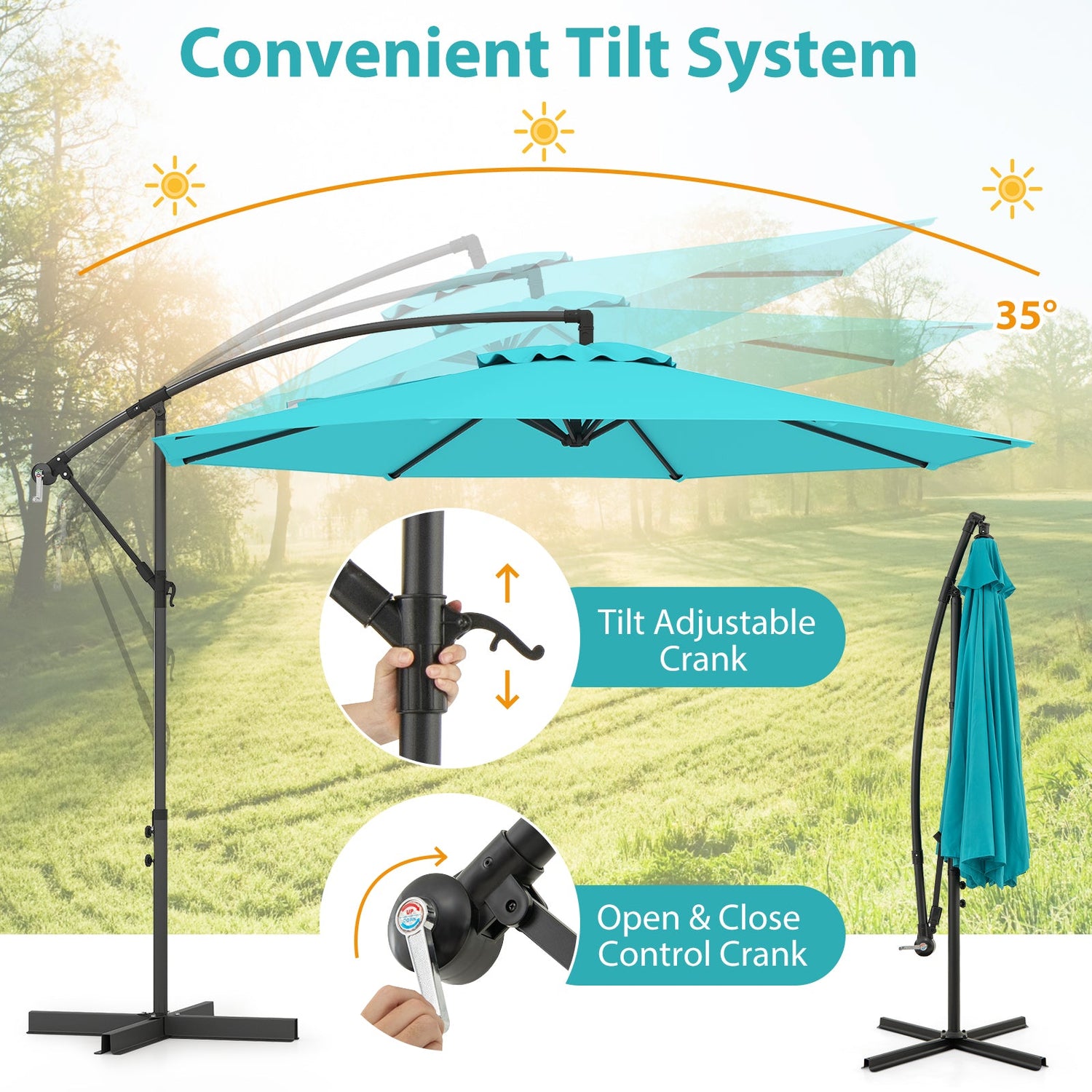 10 Feet Offset Umbrella with 8 Ribs Cantilever and Cross Base-Turquoise by DirectDeals