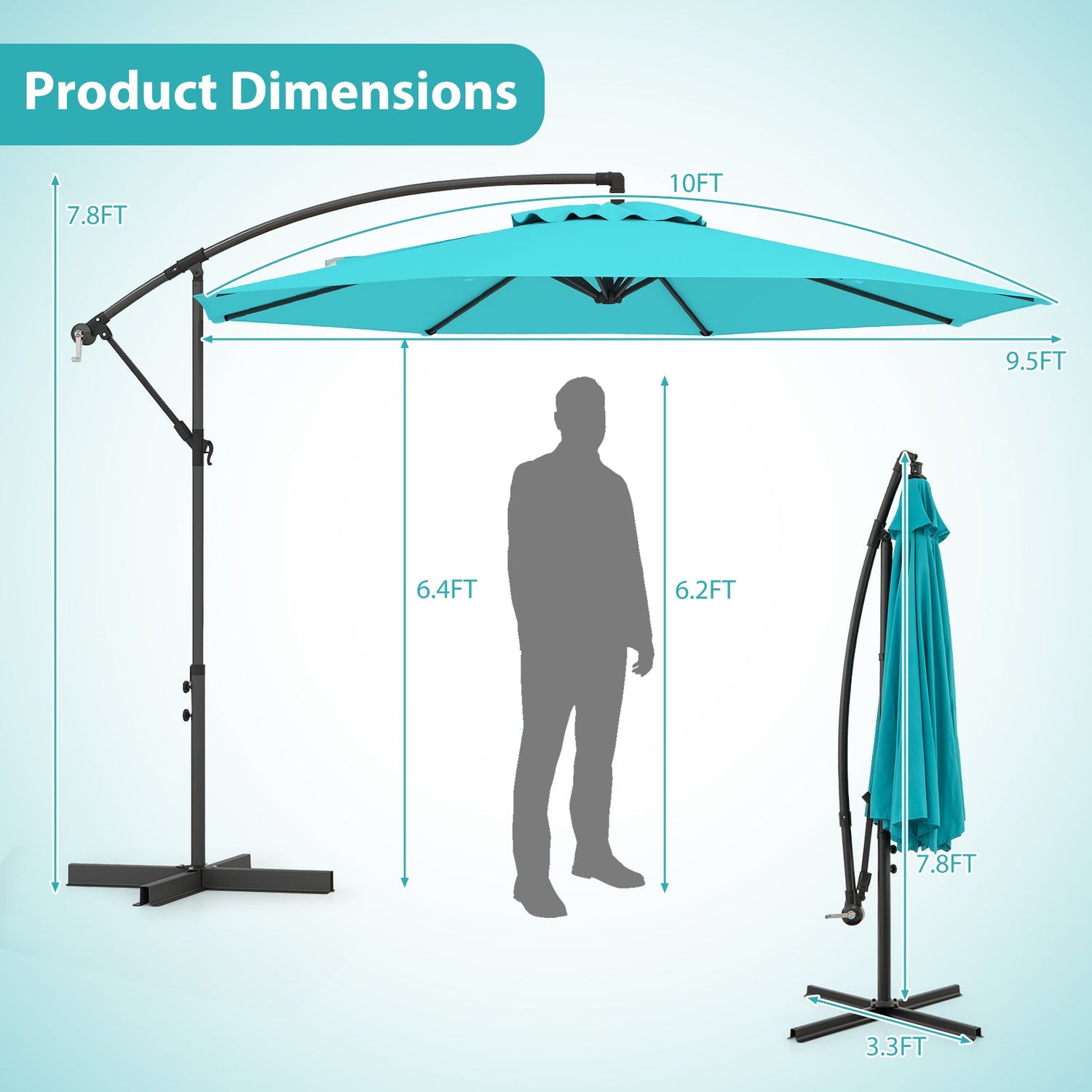 10 Feet Offset Umbrella with 8 Ribs Cantilever and Cross Base-Turquoise by DirectDeals