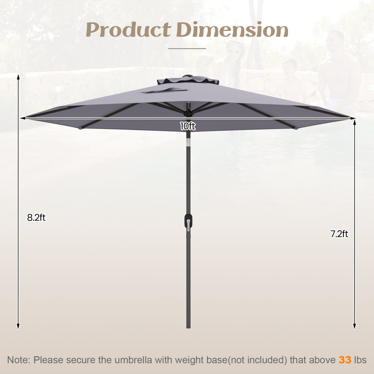 10 Feet Outdoor Patio Umbrella with Tilt Adjustment and Crank-Gray