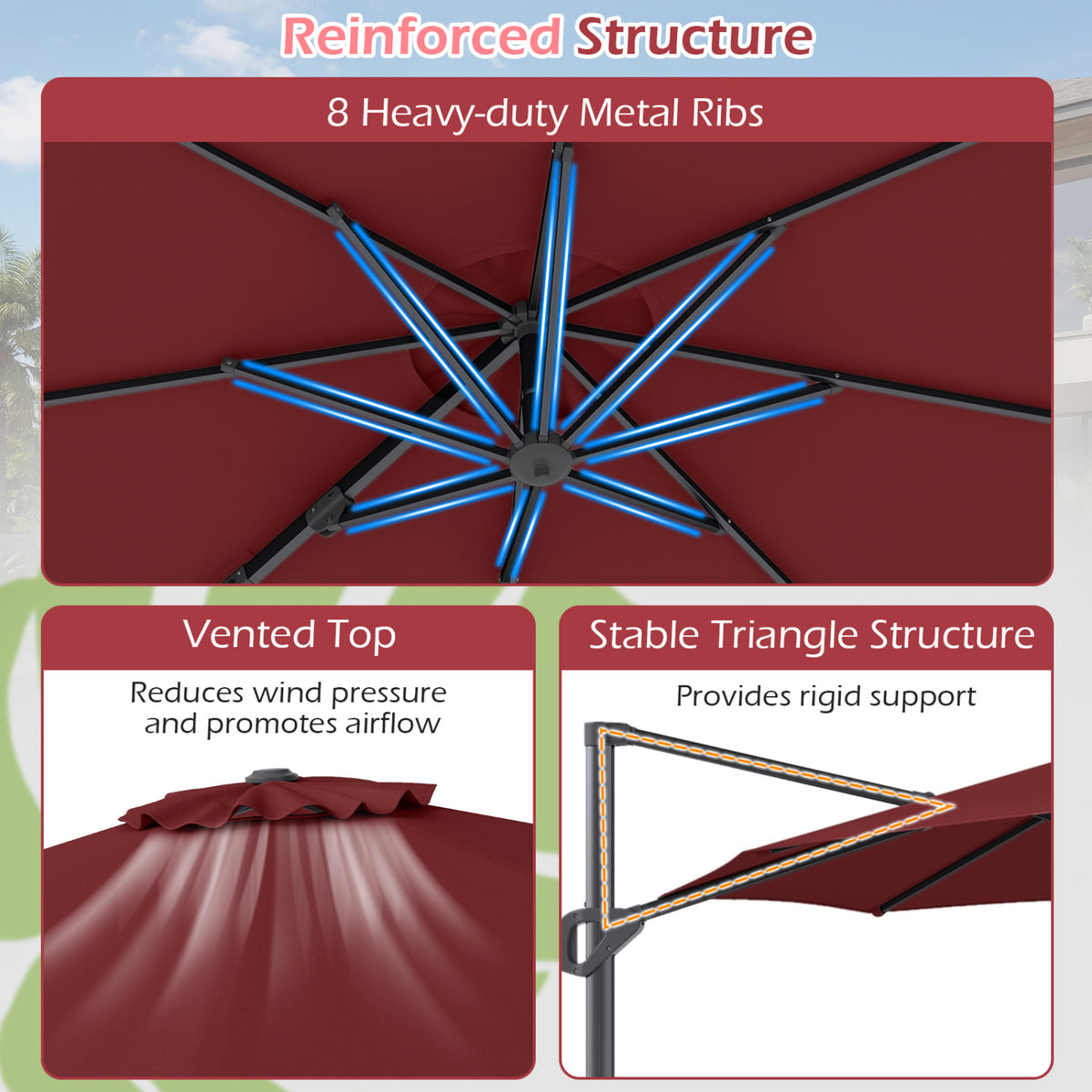 10 Feet Patio Cantilever Umbrella with Easy Tilt Adjustment-Wine