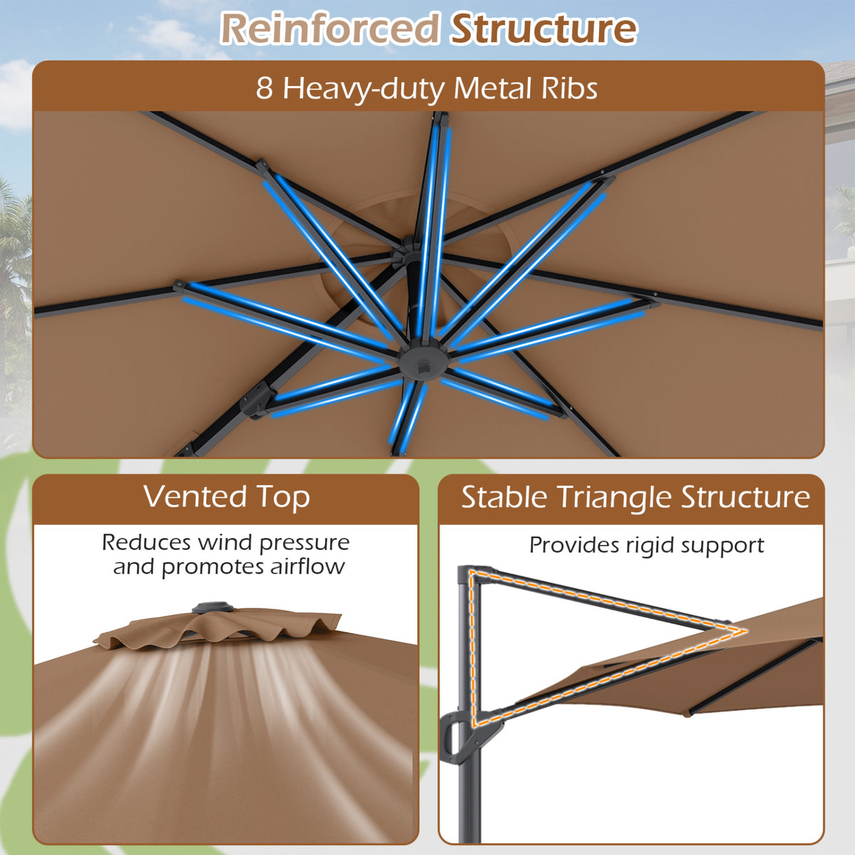 10 Feet Patio Cantilever Umbrella with Easy Tilt Adjustment-Brown