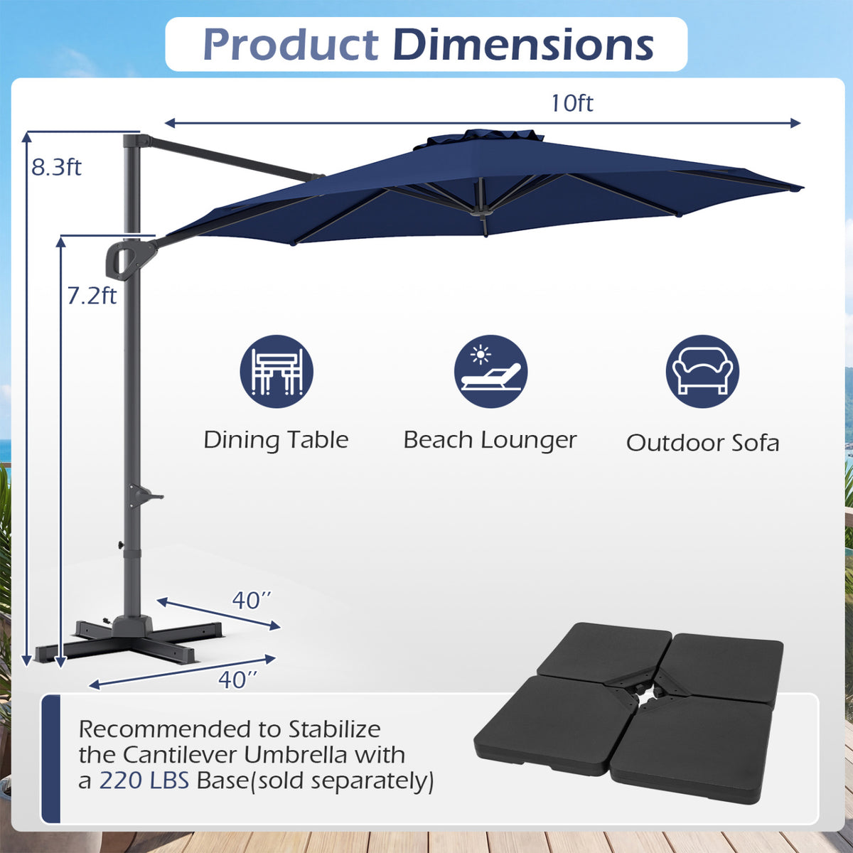 10 Feet Patio Cantilever Umbrella with Easy Tilt Adjustment-Navy