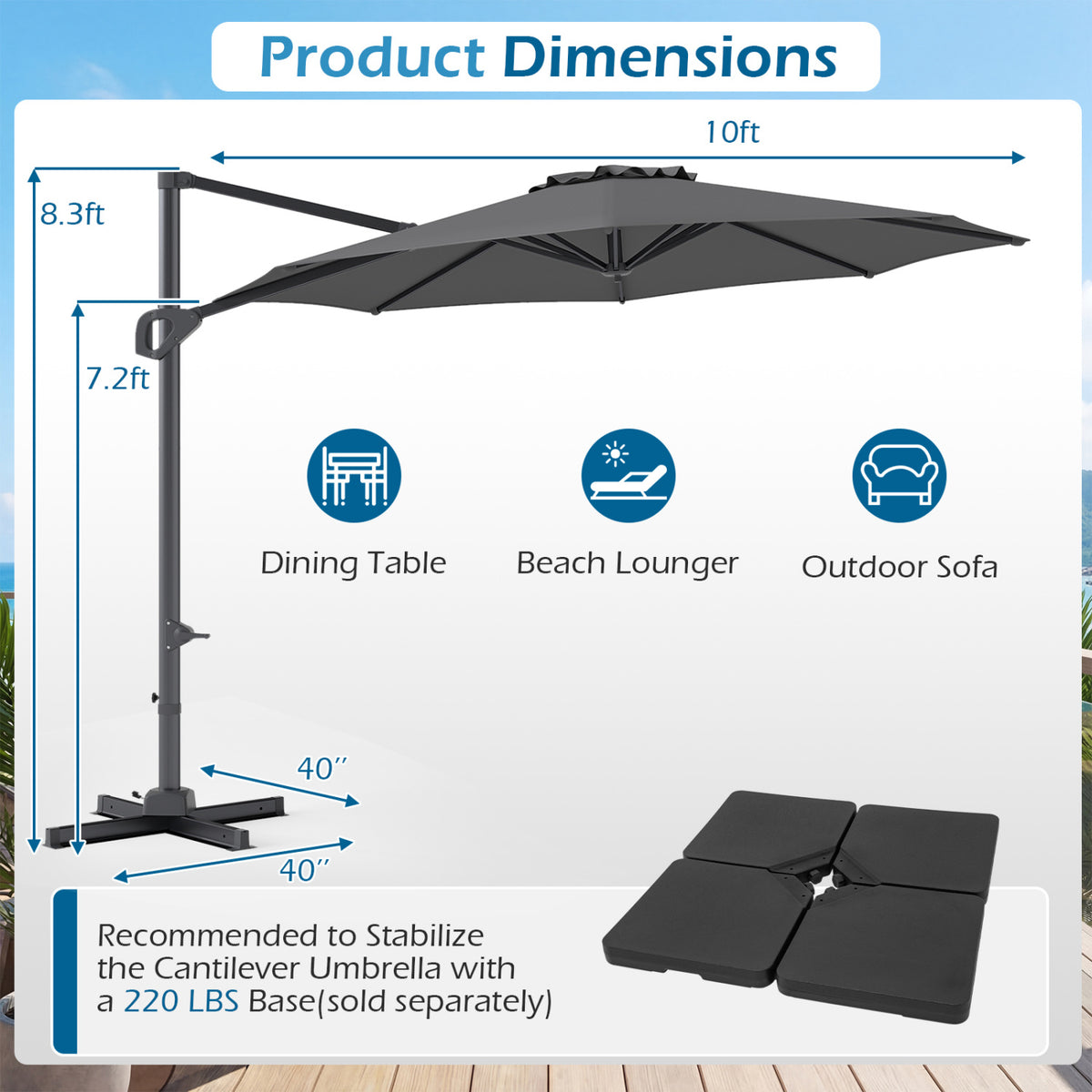 10 Feet Patio Cantilever Umbrella with Easy Tilt Adjustment-Gray
