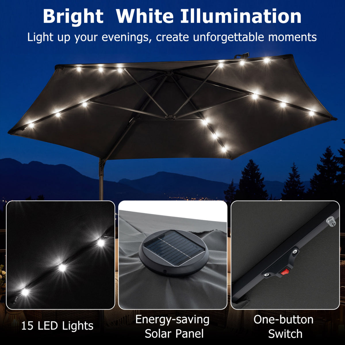 10 Feet Patio Cantilever Umbrella with Solar LED Lights-Gray