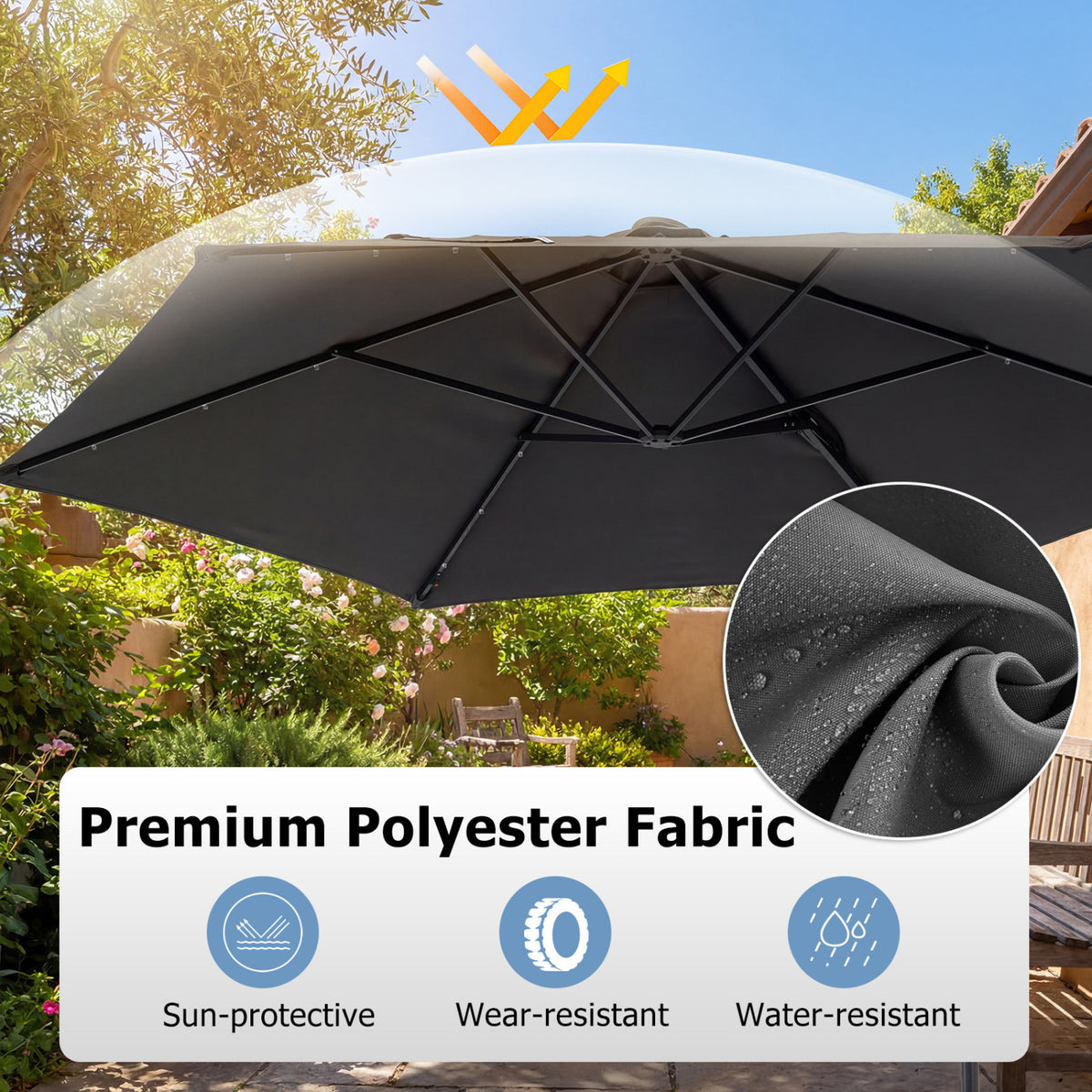 10 Feet Patio Cantilever Umbrella with Solar LED Lights-Gray