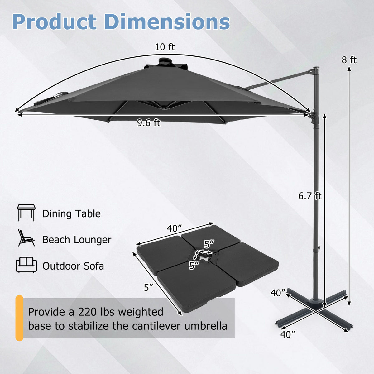 10 Feet Patio Cantilever Umbrella with Solar LED Lights-Gray