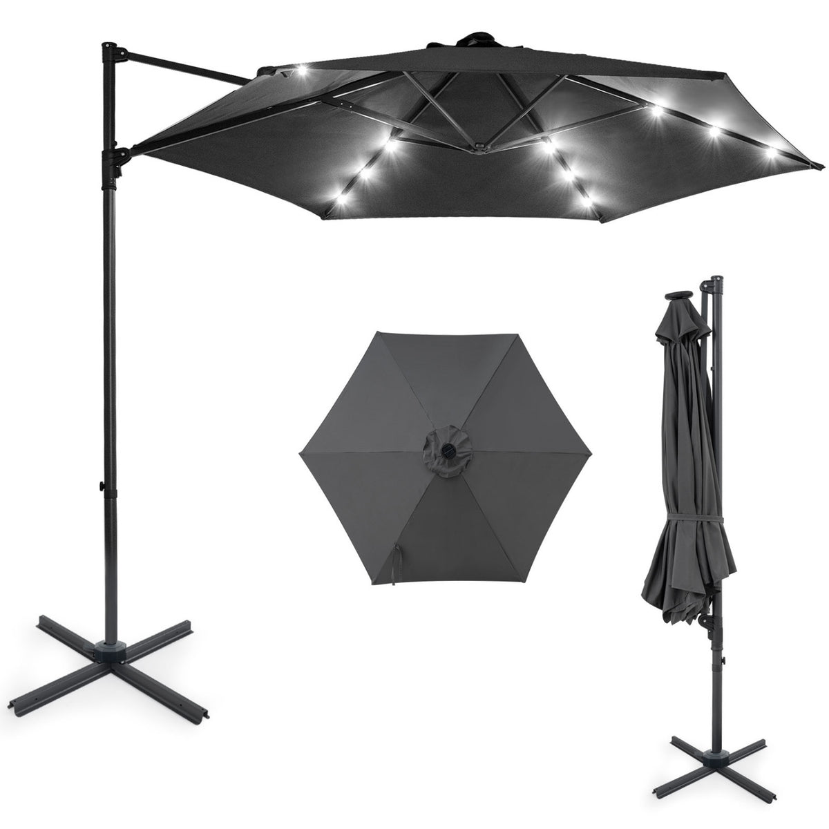 10 Feet Patio Cantilever Umbrella with Solar LED Lights-Gray