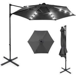 10 Feet Patio Cantilever Umbrella with Solar LED Lights-Gray