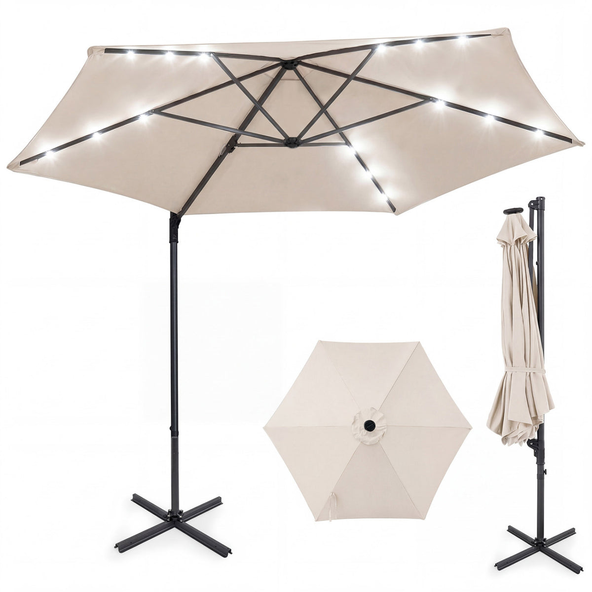 10 Feet Patio Cantilever Umbrella with Solar LED Lights-Beige