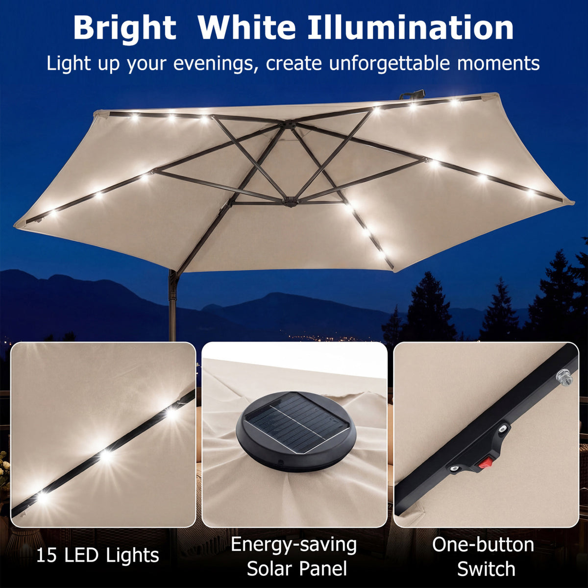 10 Feet Patio Cantilever Umbrella with Solar LED Lights-Beige