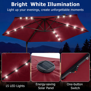 10 Feet Patio Cantilever Umbrella with Solar LED Lights-Wine