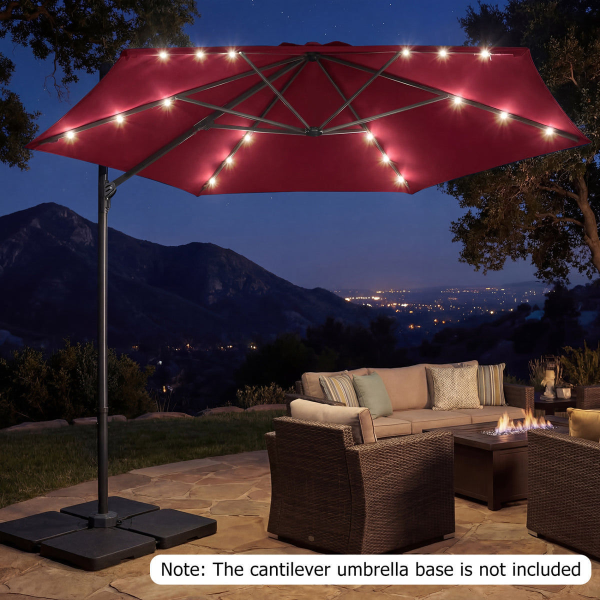 10 Feet Patio Cantilever Umbrella with Solar LED Lights-Wine