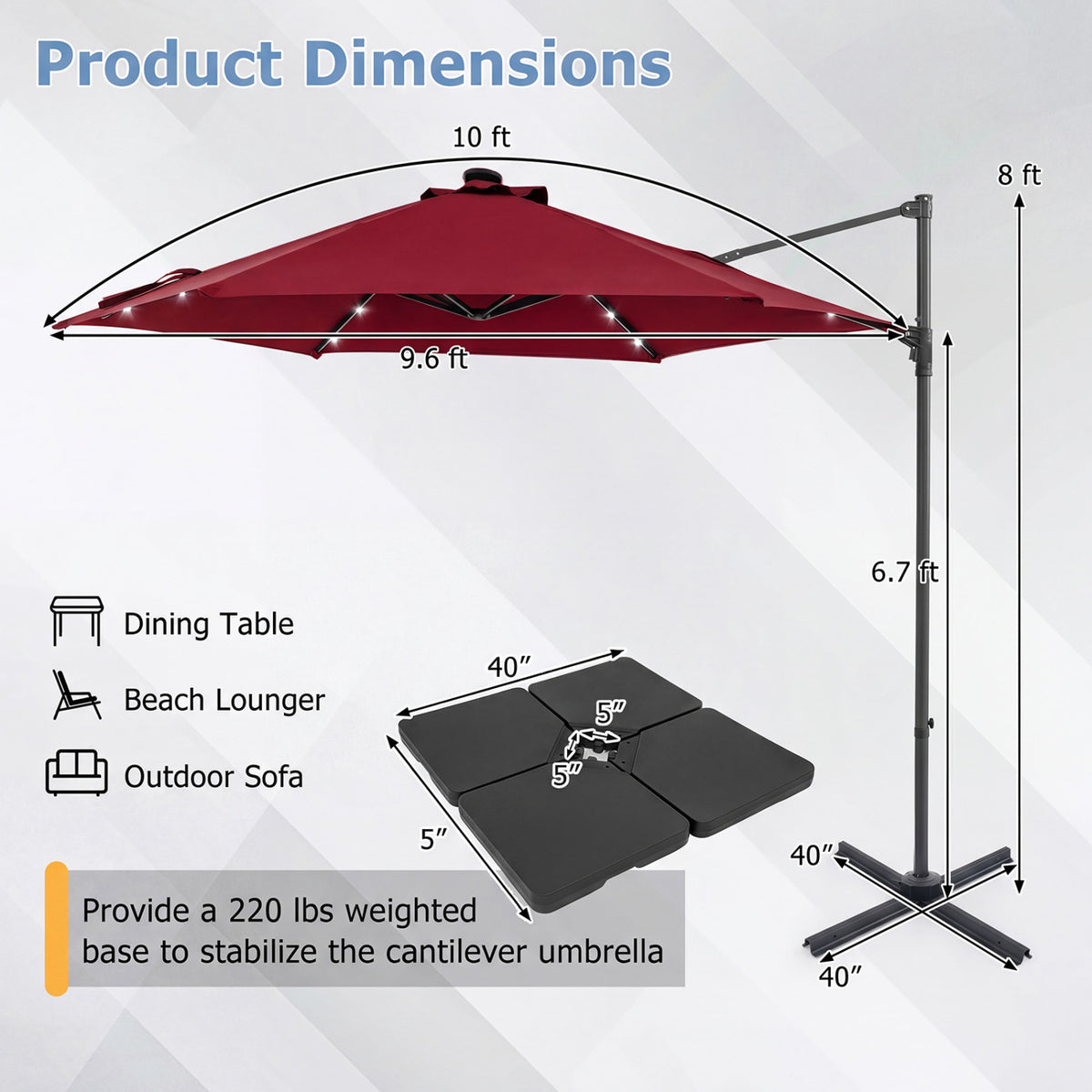 10 Feet Patio Cantilever Umbrella with Solar LED Lights-Wine