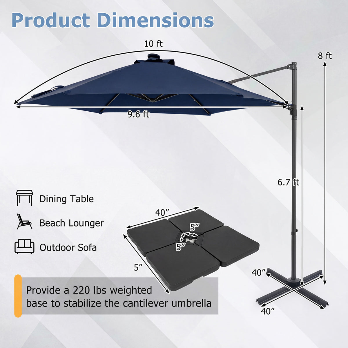 10 Feet Patio Cantilever Umbrella with Solar LED Lights-Navy