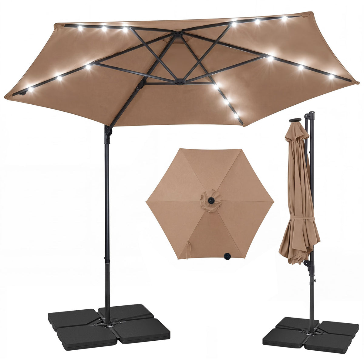 10 Feet Patio Cantilever Umbrella with Solar LED Lights-Tan