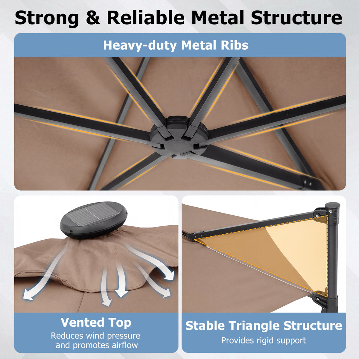 10 Feet Patio Cantilever Umbrella with Solar LED Lights-Tan