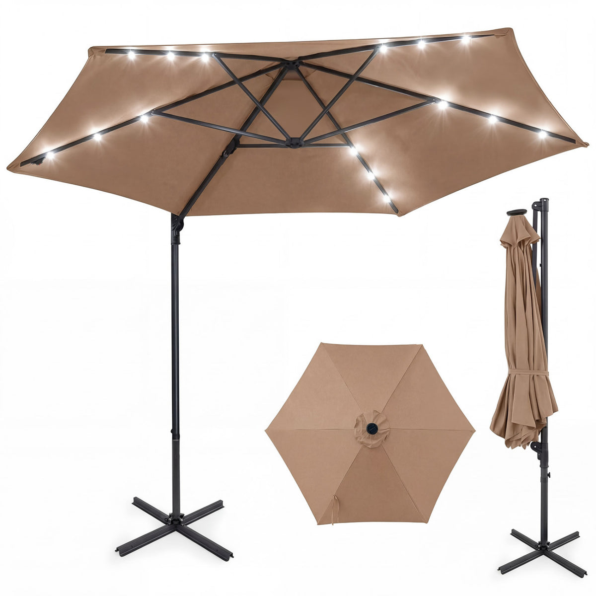 10 Feet Patio Cantilever Umbrella with Solar LED Lights-Tan