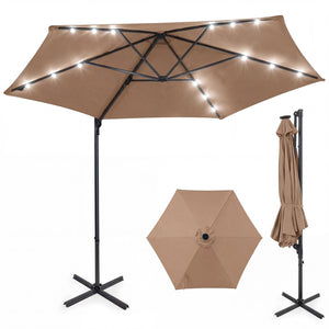 10 Feet Patio Cantilever Umbrella with Solar LED Lights-Tan