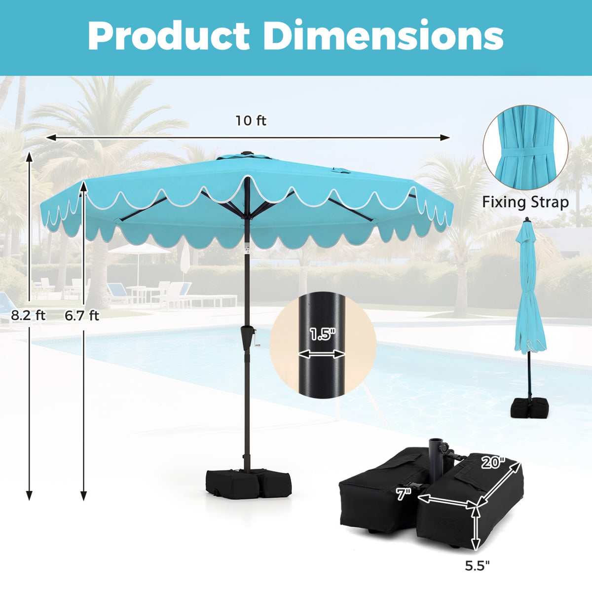 10 Feet Patio Umbrella with Weighted Base and Sandbags-Turquoise