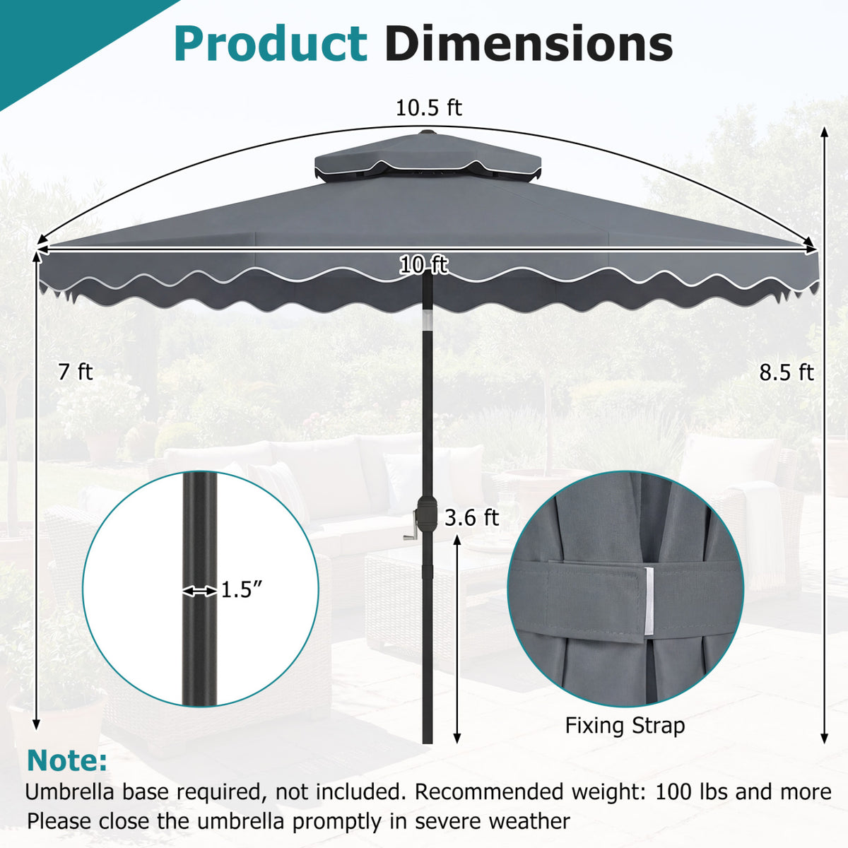 10 Feet Patio Umbrella with Push Button Tilt and Crank-Gray