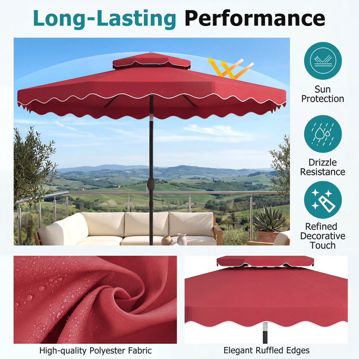 10 Feet Patio Umbrella with Push Button Tilt and Crank-Wine