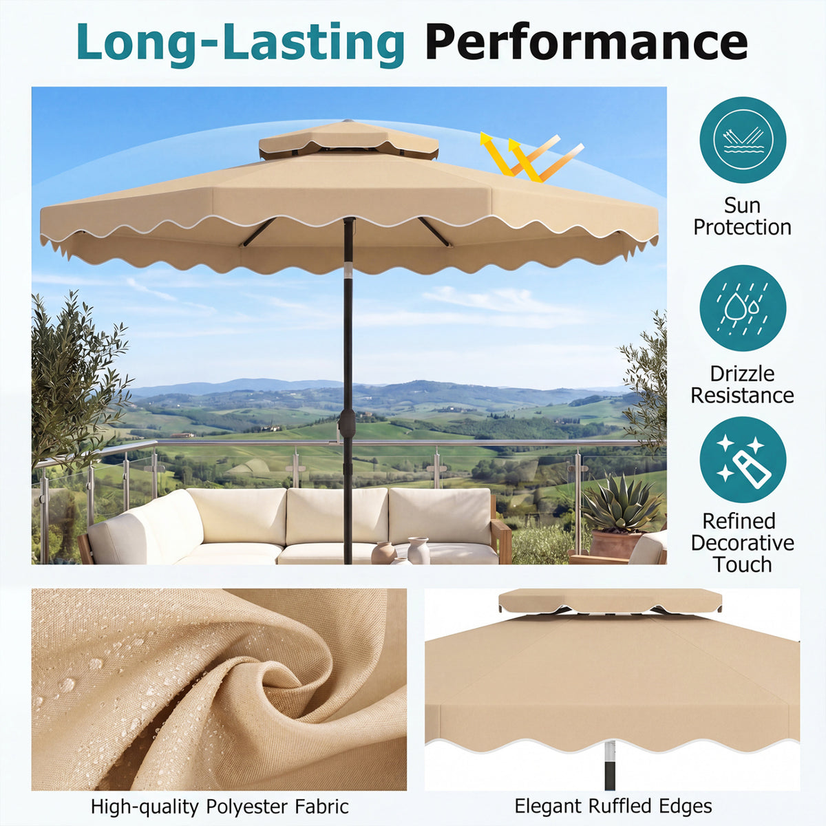 10 Feet Patio Umbrella with Push Button Tilt and Crank-Beige