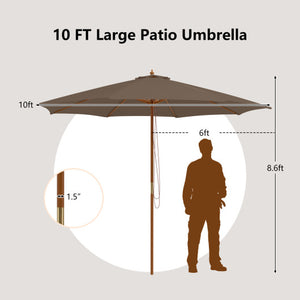 10 Feet Patio Umbrella with 8 Wooden Ribs and 3 Adjustable Heights-Brown