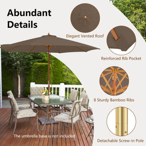 10 Feet Patio Umbrella with 8 Wooden Ribs and 3 Adjustable Heights-Brown
