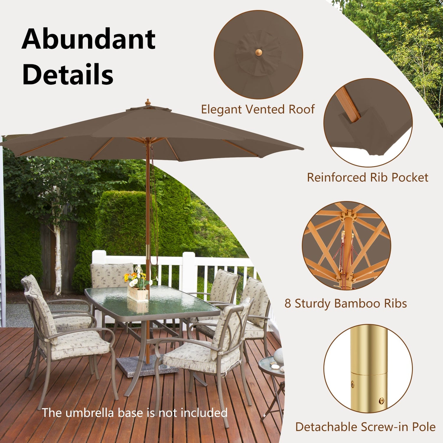 10 Feet Patio Umbrella with 8 Wooden Ribs and 3 Adjustable Heights-Brown by DirectDeals