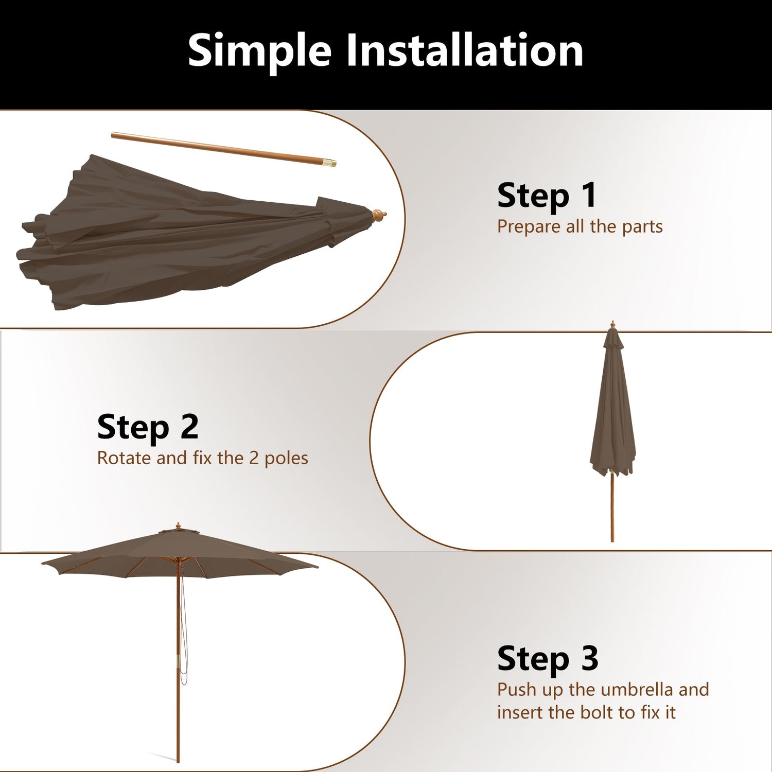 10 Feet Patio Umbrella with 8 Wooden Ribs and 3 Adjustable Heights-Brown