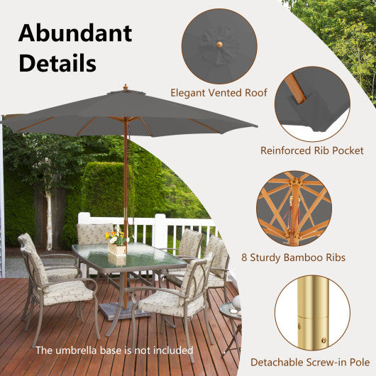 10 Feet Patio Umbrella with 8 Wooden Ribs and 3 Adjustable Heights-Gray