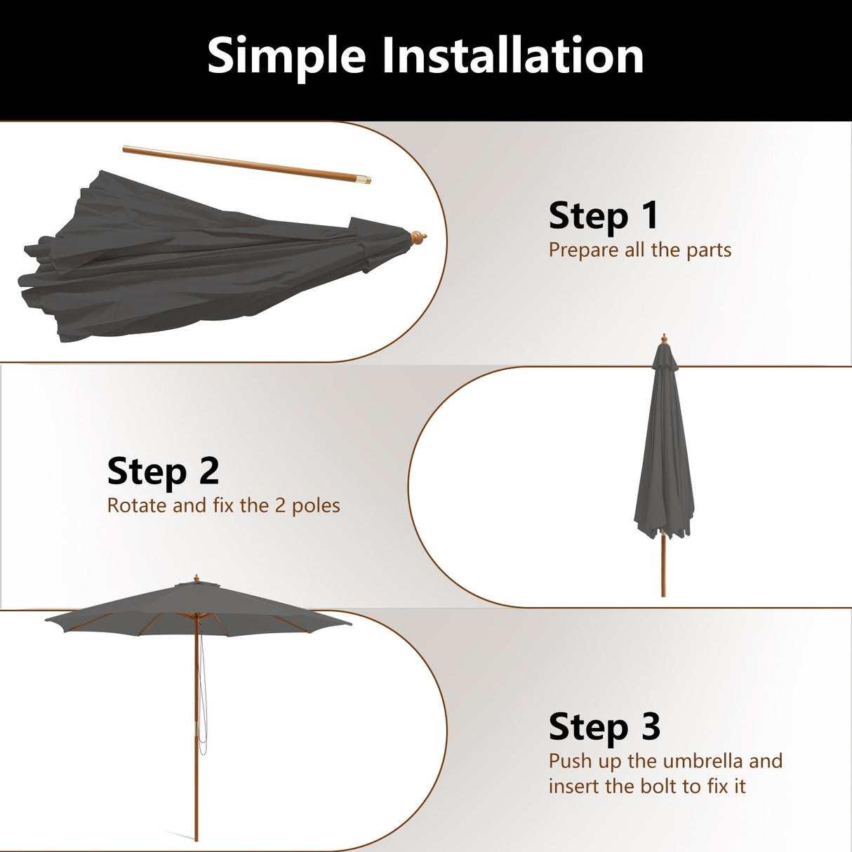 10 Feet Patio Umbrella with 8 Wooden Ribs and 3 Adjustable Heights-Gray by DirectDeals