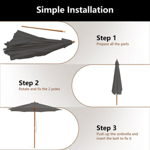10 Feet Patio Umbrella with 8 Wooden Ribs and 3 Adjustable Heights-Gray