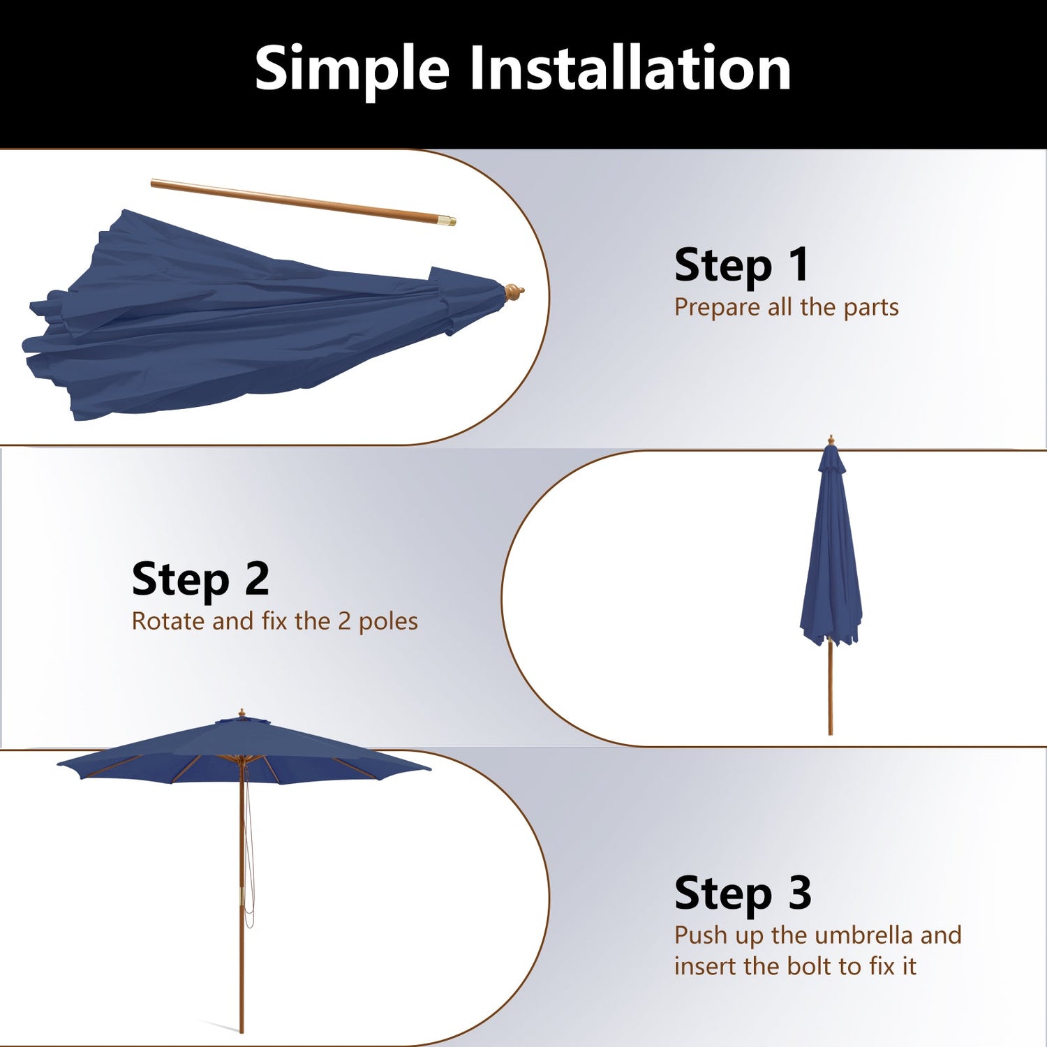10 Feet Patio Umbrella with 8 Wooden Ribs and 3 Adjustable Heights-Navy by DirectDeals
