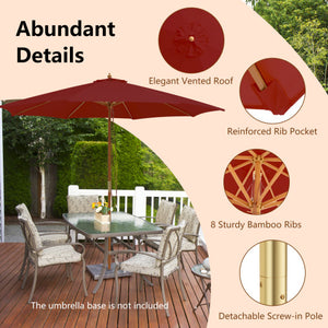 10 Feet Patio Umbrella with 8 Wooden Ribs and 3 Adjustable Heights-Wine