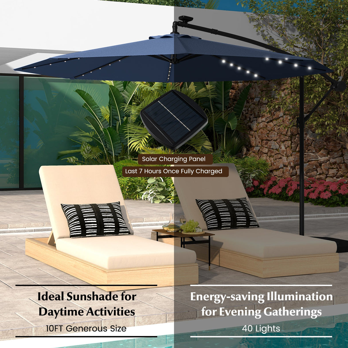 10 Feet Solar LED Offset Umbrella with 40 Lights and Cross Base for Patio-Blue by DirectDeals
