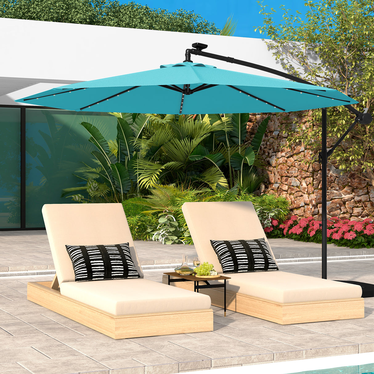 10 Feet Solar Offset Hanging Umbrella with 40 Lamp Beads and Solar Panel-Beige