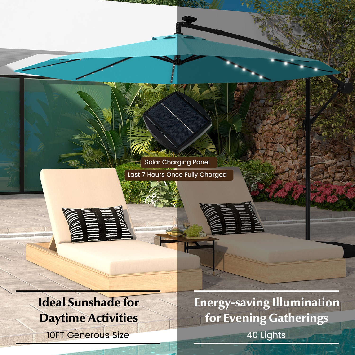 10 Feet Solar Offset Hanging Umbrella with 40 Lamp Beads and Solar Panel-Beige