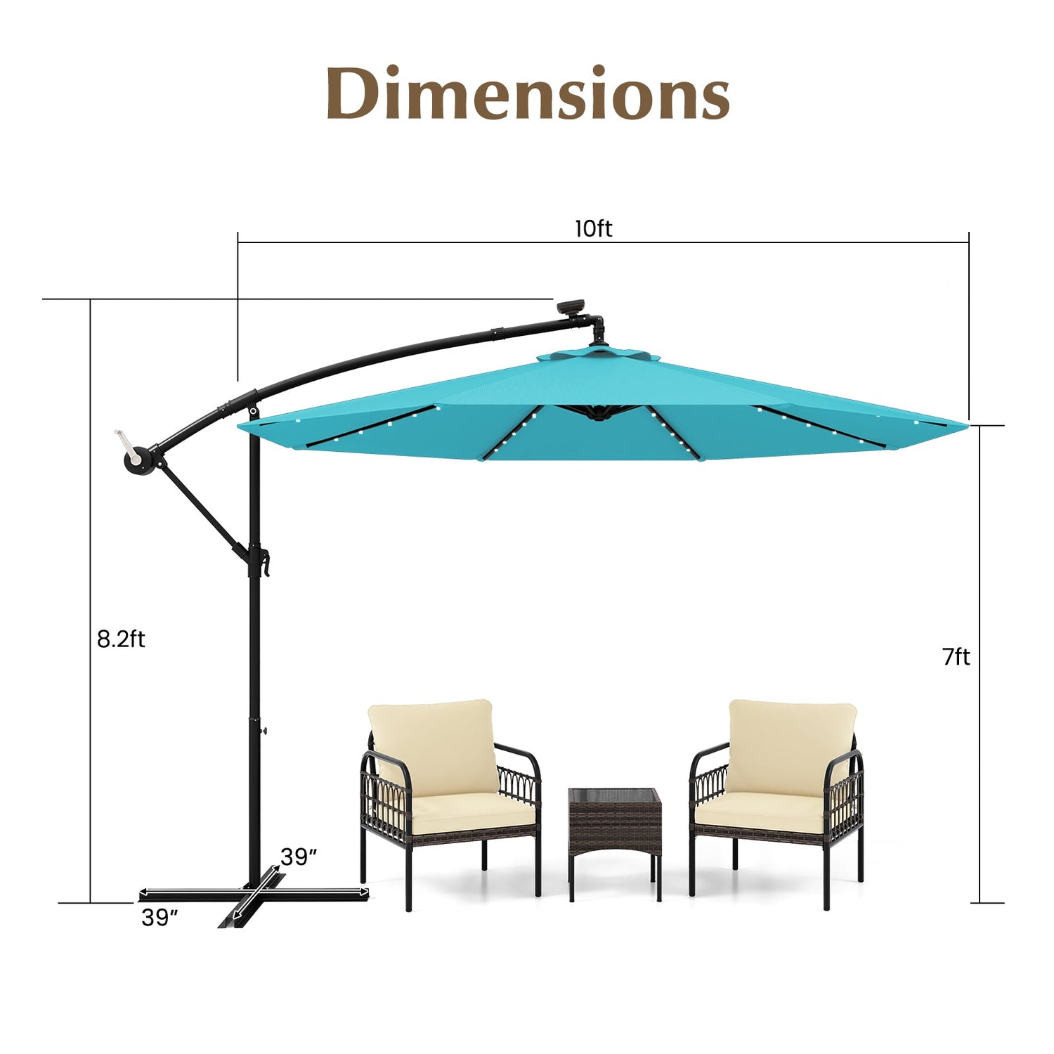 10 Feet Solar LED Offset Umbrella with 40 Lights and Cross Base for Patio-Turquoise by DirectDeals